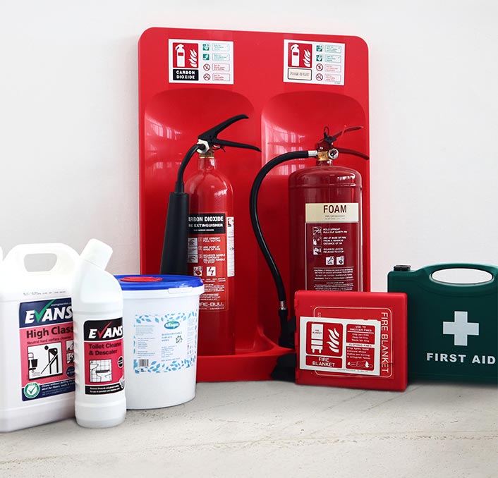 Fire extinguisher and safety supplies, including a first aid kit and fire blanket