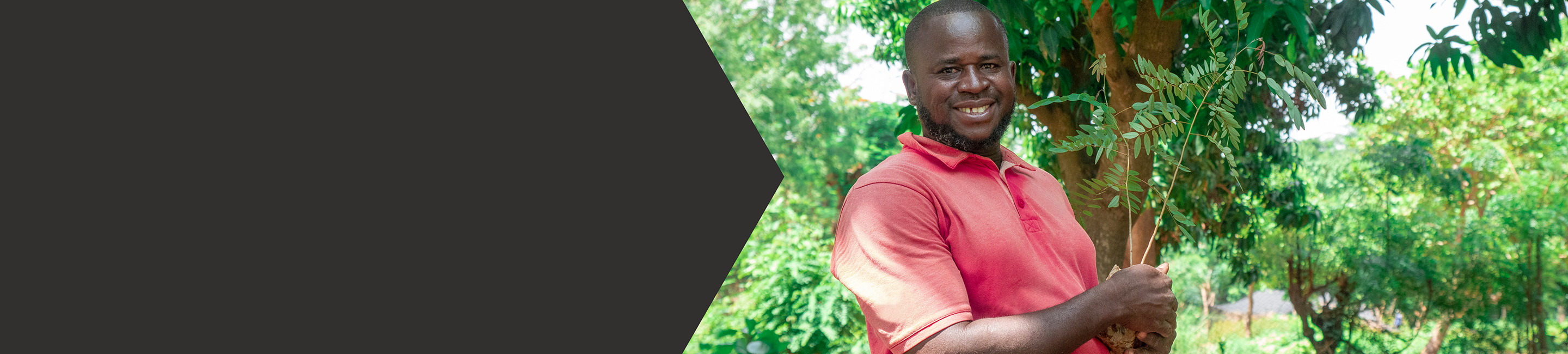 Man from Ghana in a red shirt is standing in a forest, holding a small tree ready to be planted