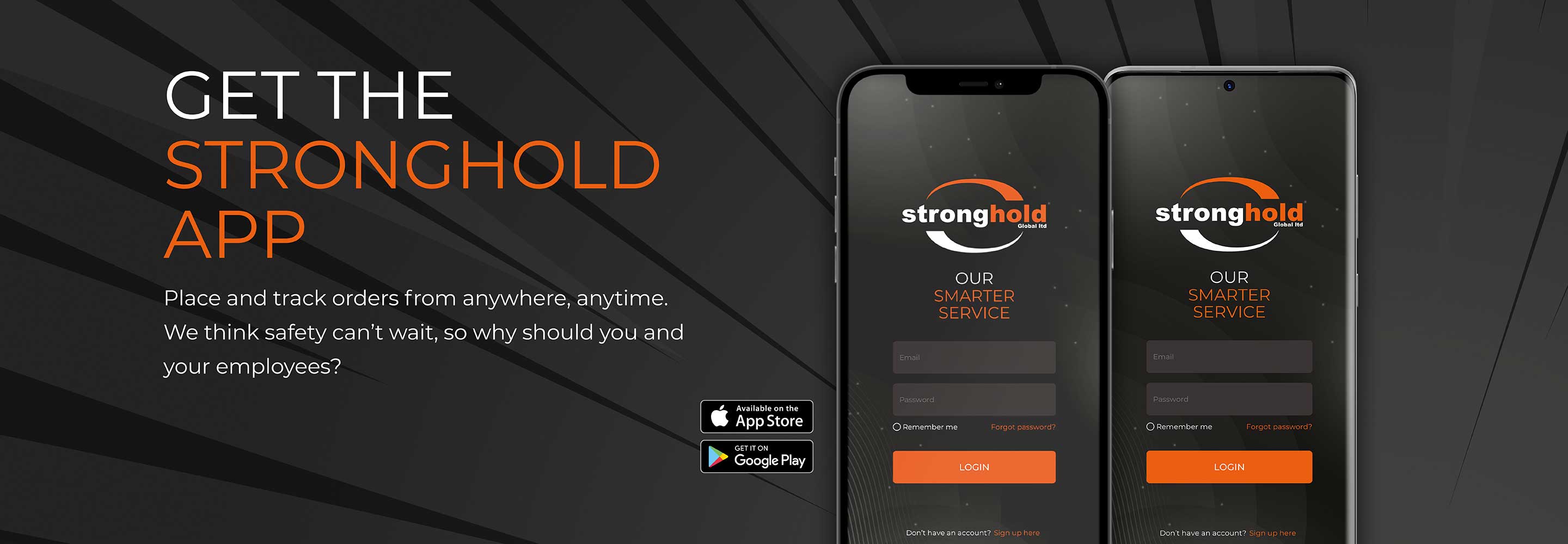 Apple and Android mobile phone showing the Stronghold App login page