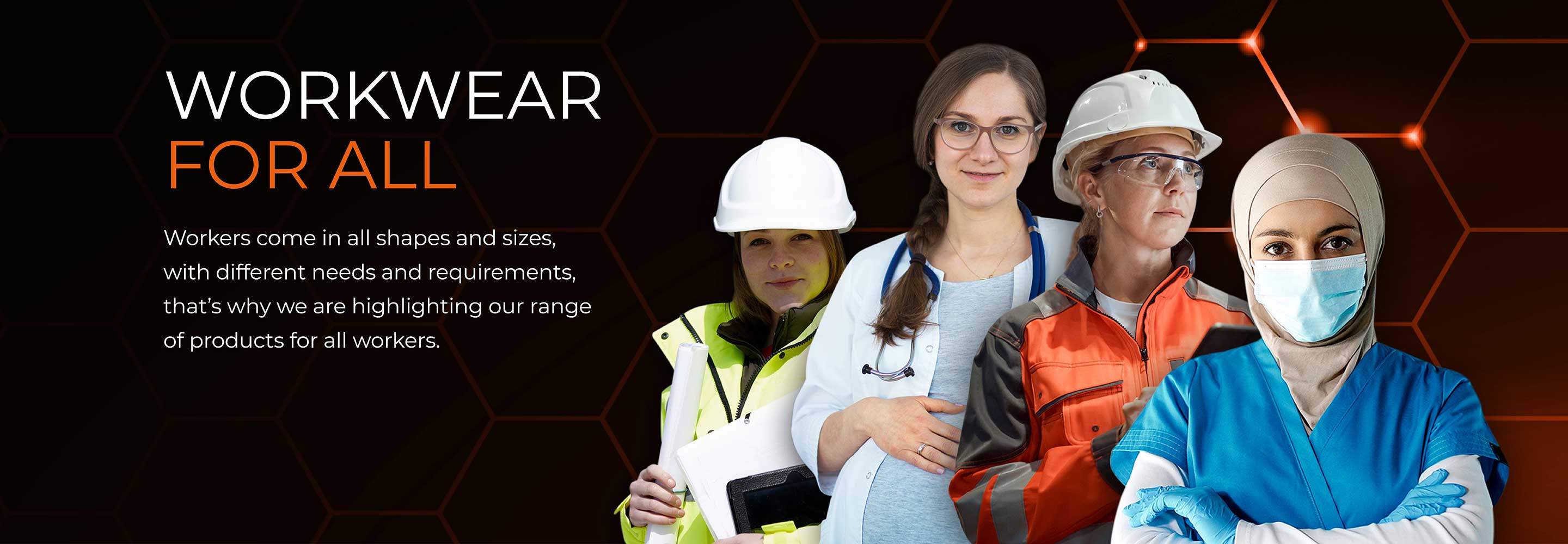 Four women are wearing PPE, the woman in the middle is pregnant, and the other is an older woman in a hard hat.