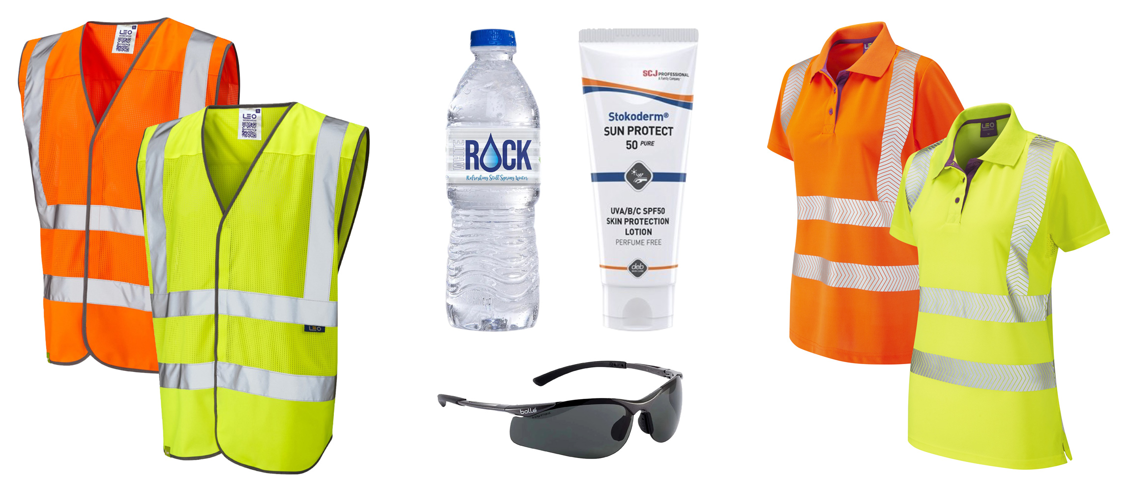 Summer Safety Toolkit: Breathable mesh hi-vis vest, water, sun screen, safety glasses, ladies coolvis hi-vis polo shirts